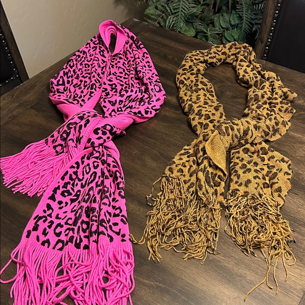 Leopard Print Scarf Set - Pink and Brown